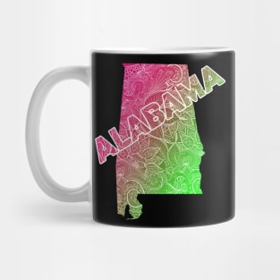 Colorful mandala art map of Alabama with text in pink and green Mug